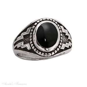  Sterling Silver Mens Jet Stone Aztec Design Ring Size 9 Jewelry