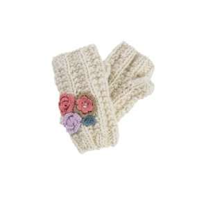  Womans Knit Fingerless Oatmeal Gloves Mittens Flowers 