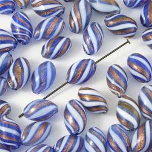  13mm blue with Gold Foil Oval Blown Glass Beads Arts 