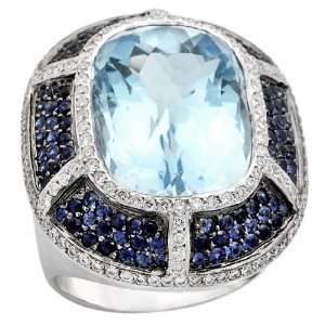  18k White Gold Diamond Blue Topaz and Sapphire Ring, Size 