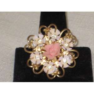   Pink / White Plastic Flowers & Rhinestone Brooch Pin 