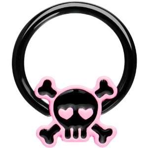  Black PVD Pink Skull Crossbones Captive Ring Jewelry