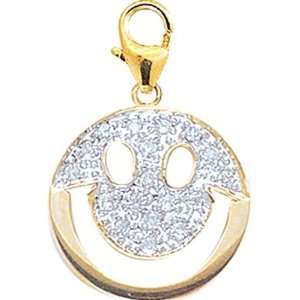  14K Gold 1/10ct HIJ Diamond Smiley Face Spring Ring Charm 