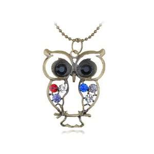   Tone Colorful Crystal Rhinestone Big Eyed Perched Owl Pendant Necklace