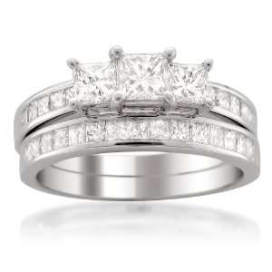  14k White Gold Princess cut Three Stone Diamond Bridal Set 