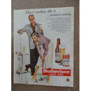 Budweiser Beer , Vintage 50s full page print ad. (man,woman playing 