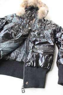   Galliano Womens Trendy Shinny Coat with Raccoon Fur Neck black M XL