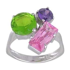 Pink, Amethyst and Peridot Multi Color Cubic Zirconia Rhodium Plated 