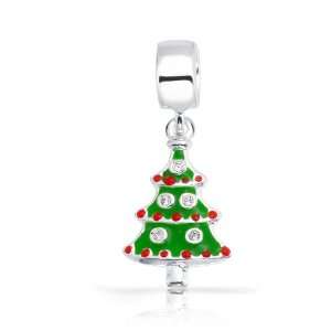   Silver Green Red Christmas Tree CZ Dangle Bead Pandora Style Jewelry