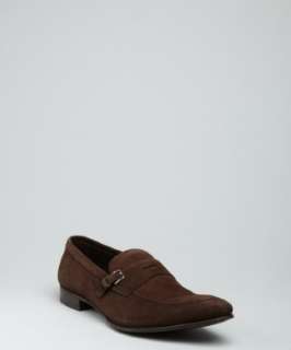Prada brown perforated suede buckle penny loafers   