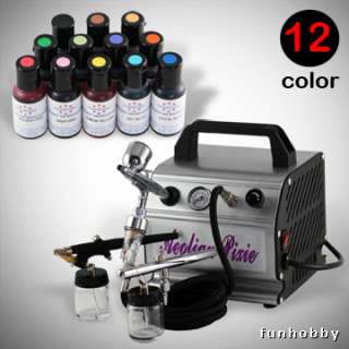New 12 Ameri Colors Cake Decorating Kit w/ 3 Airbrush Air Compressor 