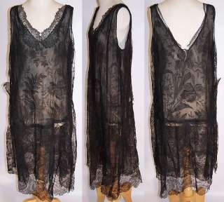 Vintage 1920s Antique Black Chantilly Lace Layered Drop Waist Flapper 