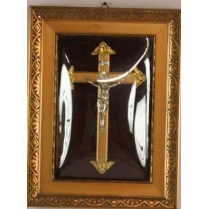  Vintage French Framed Convex Glass Crucifix Red Velvet 