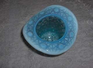 Vintage Daisy Button Blue Glass Top Hat Vase Opalescent Rim  