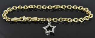   Two Tone 14K Gold Diamond Star Charm Cable Link Chain Bracelet  