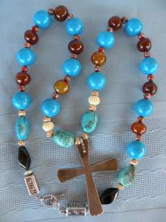   Necklace w/ Multi Color Beads and Sterling Cross Pendant *L@@K  