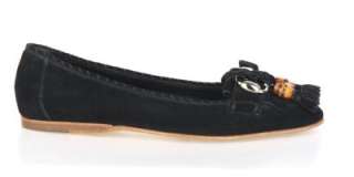 NEW GUCCI BLACK SUEDE HORSEBIT BAMBOO DETAIL MOCCASINS FLAT SHOES 37.5 