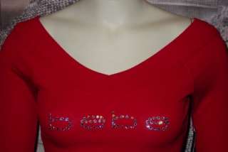 RED double v neck 3/4 sleeve *xs*s*m*l* BEBE rhinestone LOGO top 