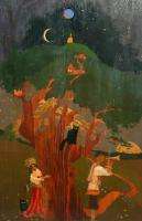 Antique Russian fairy tale folk costume figures landscape oil painting 