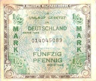 Germany WW II Allied Military Currency 1/2 Mark XF 014045089  