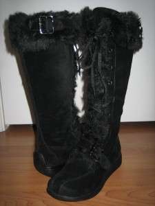 New FUZZY Suede Fur adjustable Lace Flat Boots ALL Sz  