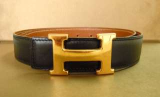   Leather Belt CONSTANCE sz 75/29.5 Black Brown Gold H Buckle  