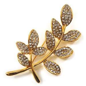  Delicate Diamante Leaf Brooch (Gold Tone Metal) Jewelry