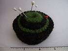 LARGE ROUND PIN CUSHION Crocheted BLACK & GREEN Perfect for Pins 