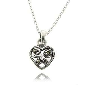    Sterling Silver Small Heart Marcasite Design Charm Pendant Jewelry