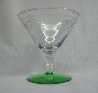   ELEGANT GREEN BASE CLEAR ETCHED BOWL DEPRESSION SHERBET / WINE GLASSES