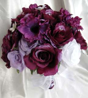 Wedding Bouquet Bridal Silk flowers PURPLE PLUM LAVENDER WHITE 17pc 