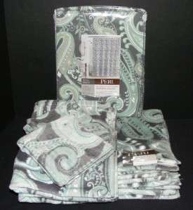   PAISLEY 7 pc Bath Set Shower Curtain & 6pc Towels Grey/Mint Green