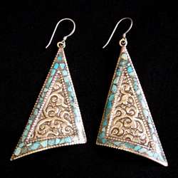 Brass and Sterling Silver Turquoise Triangle Earrings (Nepal 