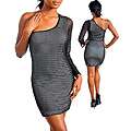 Stanzino Womens Black Sheer Striped One shoulder Dress