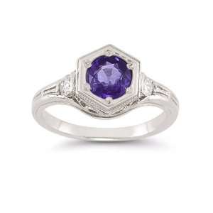 Roman Art Deco Amethyst and White Topaz Ring in .925 Sterling Silver