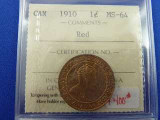 1910 Canadian Lrg. Red Penny ICCS Graded MS 64 #127  