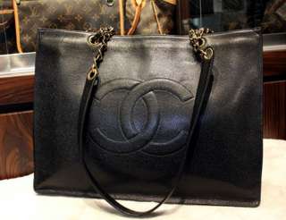   Auth CHANEL Black Caviar Leather Logo Jumbo XL Shopper Tote Bag  