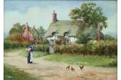 Richard Rhead Simm Thatched Cottages Oil Painting  
