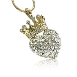   Inspired Crystal Heart and Gold Crown Pendant Necklace Jewelry