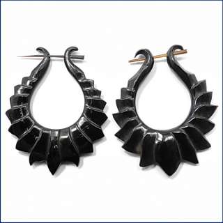 Organic Black Horn Stick Earrings, Blossom Hoops, Bali Hand Carving 