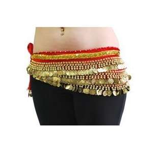 Belly Dancing Deluxe Velvet Hip Scarf   Red w/Gold Coins