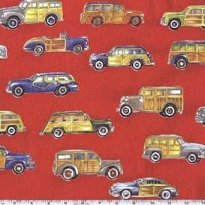  45 Wide Movin On Vintage Cars Red Fabric By The Yard 