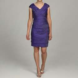London Times Womens Purple Shimmer Shutter Pleat Cap sleeve Dress 