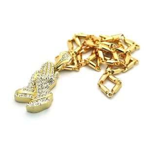  Small Gold Iced Out Prayer Hands Pendant with a 24 Inch 