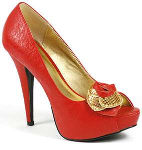 Red Gold High Heel Platform Rosette Peep Toe Pump 7.5  