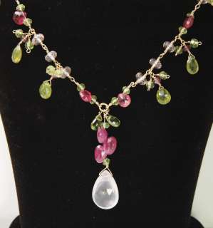Rose Quartz Vesuvianite Peridot Pink Sapphire Necklace  