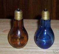 SET BLUE & AMBER GLASS LIGHTBULB SALT & PEPPER SHAKERS  