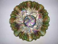 Antique Fenton Thistle bowl Green Carnival Glass  