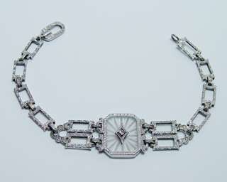 Antique European Diamond Rock Crystal Etch Bracelet 14K White Gold 