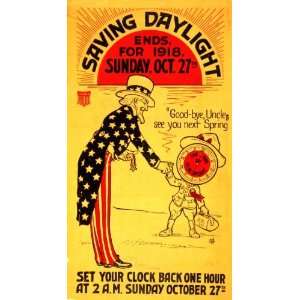  1918 Daylight Savings Poster Uncle Sam & Clock